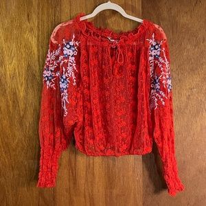 FREE PEOPLE Orange Sheer Top w Floral Embroidery Sz S